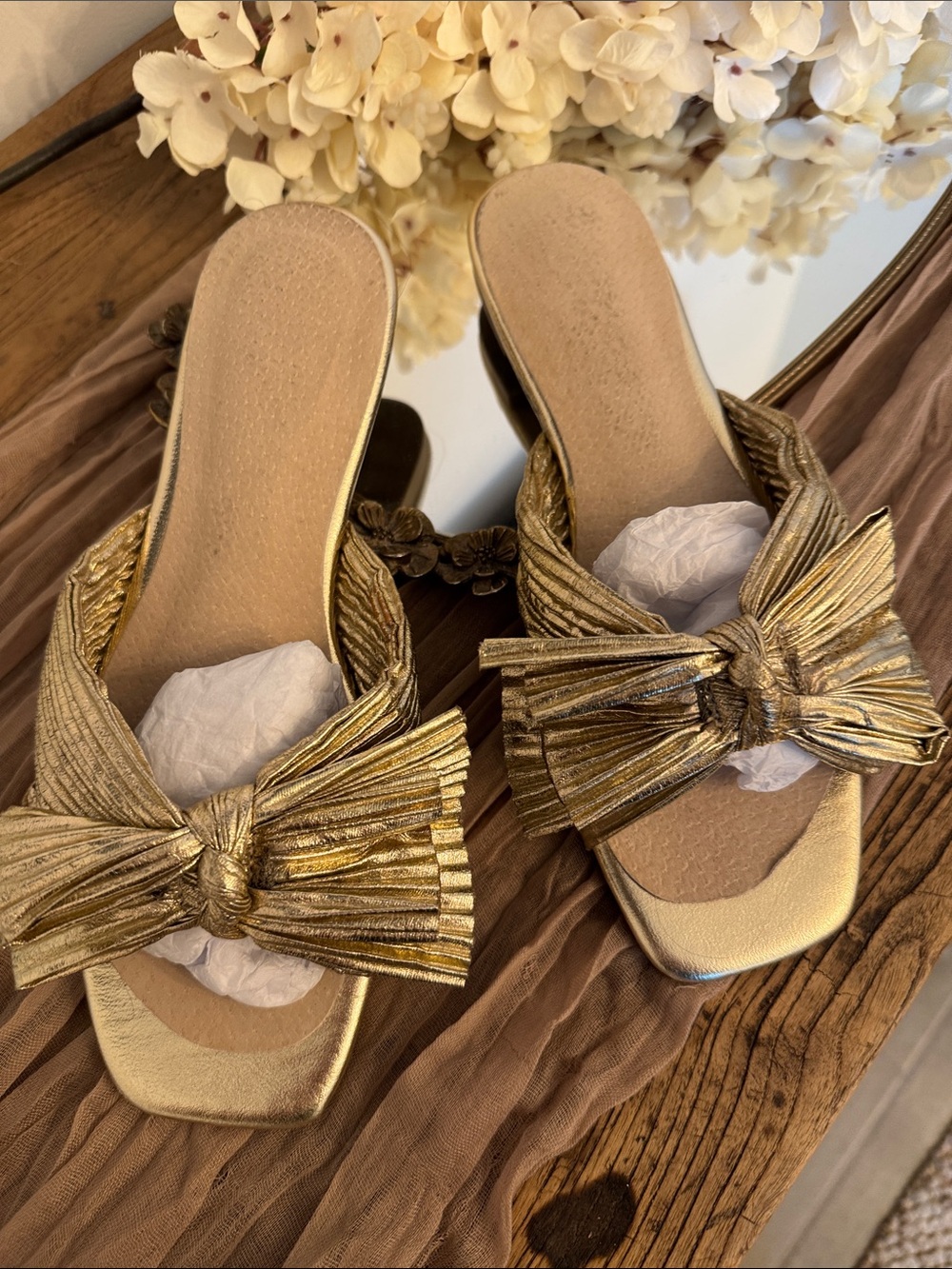 Avara Metallic Gold Bow Slide Sandals for Women